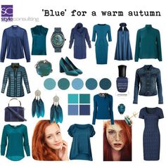 blue for a warm autumn wardrobe with accessories and clothing items in shades of teal