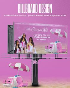 billboard design for summer's hot pink and white swimsuits, featuring two women in bathing suits under an umbrella