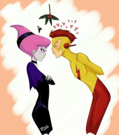 two cartoon characters one is kissing the other has pink hair and black pants with red eyes