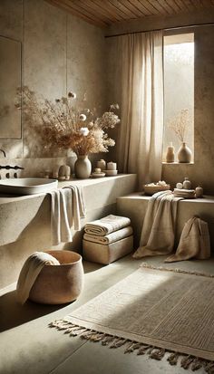 a bath room with a tub a sink and some towels on the floor next to a window