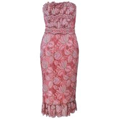 This Elizabeth Mason Couture cocktail dress is fashioned from the finest pink and metallic lace. Its chic design features scalloped edging and a beautiful fanned bust. The interior is fully boned and lined with silk and comes with a matching belt and silk wrap. It is custom made in Beverly Hills. This is a couture custom order. Please allow for a 60 day lead time from measurements, fabric selection, patterning, toile fitting, to final product. The dress shown is a sample size 2. The sample is no Cocktail Dress Classy Evening, 1950s Clothes, Princess Boutique, Vintage Evening Gowns, Couture Hats, Lace Cocktail Dress, Embellished Gown, Pink Metallic, Red Lace Dress