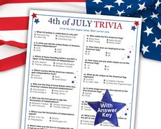 the 4th of july trivia with an american flag in the background and a red white and blue star