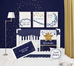 a baby's room with blue walls and gold stars