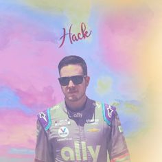 a man with sunglasses on standing in front of a colorful background and the words hack above him