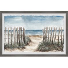 a watercolor painting of a beach scene with a wooden fence and the ocean in the background