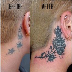 a man's neck tattoo before and after it has been inked