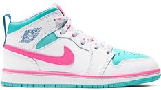 Check out the Jordan 1 Mid White Pink Green Soar (PS) available on StockX Air Jordan 1 Mid White, Jordan 1 Blue, Pink Aurora, Jordan 1 Mid White, Authentic Jordans, Preppy Shoes, Cute Nike Shoes, Cute Nikes, Swag Shoes