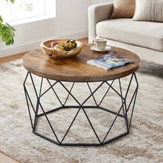 a living room with a couch, coffee table and potted plant on the rug