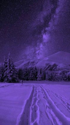 the night sky is filled with stars and purple hues as people are walking on snow - covered path