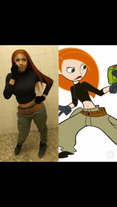 a woman in black shirt and green pants standing next to cartoon character with cell phone