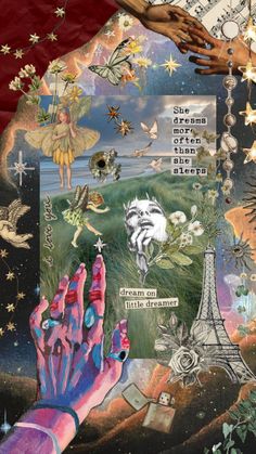 an altered collage with images and words on it, including hands reaching for something