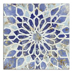 an abstract blue and white tile design with gold foil on the bottom, in square format