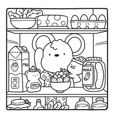 a cartoon bear is eating food in the refrigerator coloring pages for kids, free printable