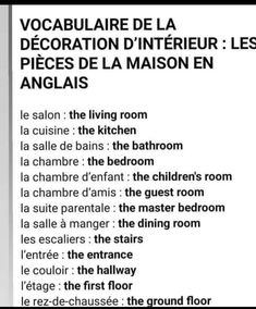 an advertisement for a restaurant in france with the words vocabulaire de la decoration d'interieur les pieces de la maison en angaison en angles