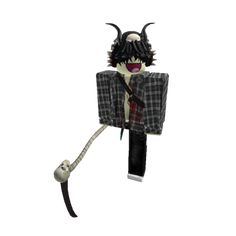 a cartoon character with horns and black hair holding an object in one hand while wearing a plaid jacket