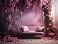 a swing bed in front of a purple wall with pink flowers on it and hanging from the ceiling