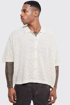 Short Sleeve Boxy Open Stitch Knitted Shirt | boohooMAN USA Button Up Outfit, Masculine Outfits, Knitted Shirt, Going Out Trousers, Going Out Shirts, Crochet Shirt, Male Poses, Casual Work Outfits, Like A Boss