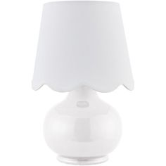 a white table lamp with a shade on the base and a light bulb attached to it