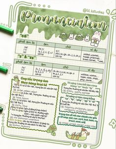 a green and white paper with writing on it