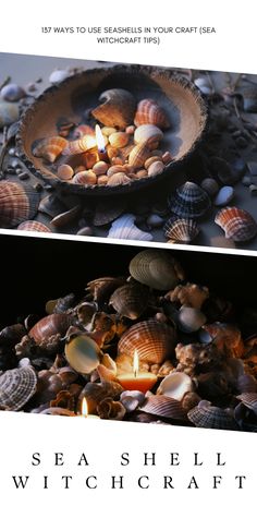 two pictures with shells and candles in them