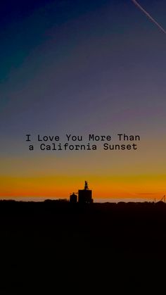 an airplane flying in the sky at sunset with text that reads, i love you more than a california sunset