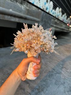 a hand holding a bouquet of flowers in front of a building with snowflakes on it