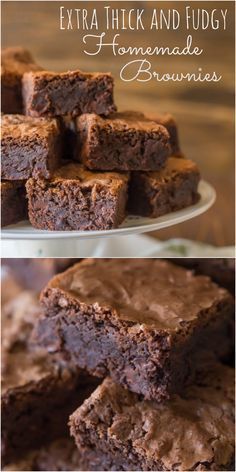 chocolate brownies stacked on top of each other with the words extra thick and fudgey