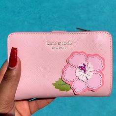 Brand New Pink Compact Wallet With Floral Appliqu. Pink Feminine Wallet For Everyday Use, Pink Feminine Wallet For Everyday, Feminine Pink Wallet For Everyday Use, Feminine Pink Wallets For Daily Use, Chic Compact Pink Wallet, Pink Rectangular Feminine Wallet, Pink Feminine Rectangular Wallet, Feminine Pink Wallet, Pink Kate Spade Wallets With Card Slots