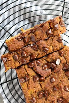 chocolate chip cookie bars stacked on top of each other