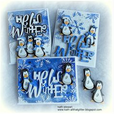 three cards with penguins and snowflakes on them, one for each card the other for all