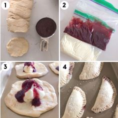 four pictures showing how to make homemade pastries with jelly and cream filling on them