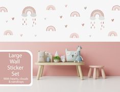 large wall sticker set with hearts, clouds and rainbows in pastel pink