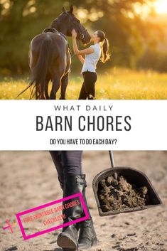 a woman holding the reigns of a horse with text overlay that reads, what daily barn chores do you have to do each day?