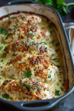 a casserole dish with meat and cheese in it, garnished with parsley