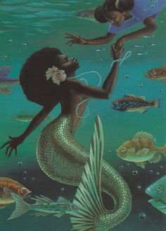 an image of a mermaid with fish in the water and another woman holding her hand out