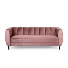 a pink velvet couch with black legs and an upholstered back, on a white background