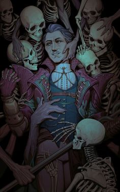 a painting of a woman surrounded by skeletons