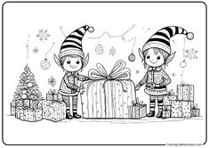 two elfs with presents in their hands and one is holding a christmas present, while the