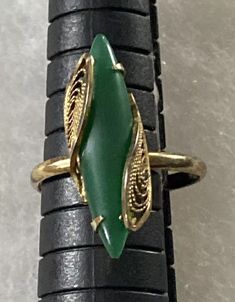 VTG CAGED MARQUISE NEPHRITE JADE STONE STERLING SILVER RING GOLD TONE SIZE 6 | eBay Gold Rings With Jade Cabochon, Adjustable Jade Ring, Elegant Jade Cabochon Rings, Antique Silver Jade Ring, Gold Jade Cabochon Rings, Nephrite Jade, Jade Stone, Gold Jewelry Fashion, Jade