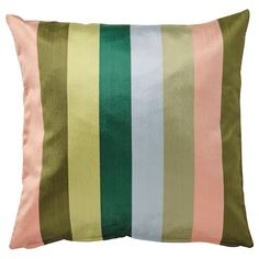 a green and pink striped pillow on a white background