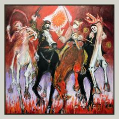 a painting of three men riding horses in front of a red sky and two other people on horseback