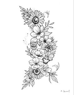 a black and white drawing of sunflowers on a branch with butterflies flying around