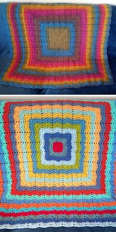 crocheted afghans are shown in two different colors, one is multicolored