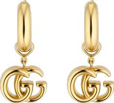 Luxury Gold-tone Logo Jewelry, Luxury Gold-tone Jewelry With Logo, Gucci Luxury Drop Earrings, Classic Yellow Gold Earrings With Logo Plaque, Luxury Gold-tone Earrings With Logo Plaque, Designer Gold Jewelry With Logo, Luxury Logo Earrings, Designer Yellow Gold Drop Earrings, Luxury Huggie Hoop Earrings