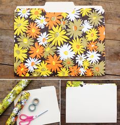 three pictures showing how to make an envelope with flowers on it and scissors next to it