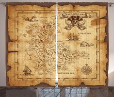 an old pirate map is hanging on the wall