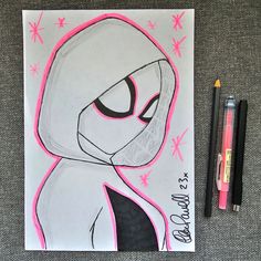 a drawing of a cartoon character wearing a hoodie and holding a pink pen next to it