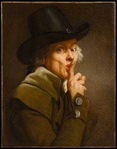 a painting of a man wearing a hat and holding his finger to his mouth with one hand