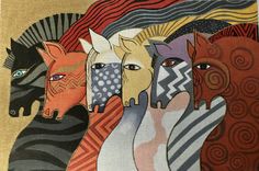 a painting of four horses with different colors and patterns on it's face, in front of a gold background