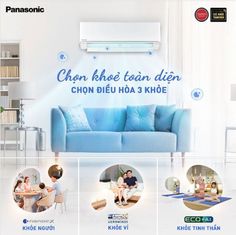 an advertisement for the panasonic air conditioner, featuring people sitting on couches